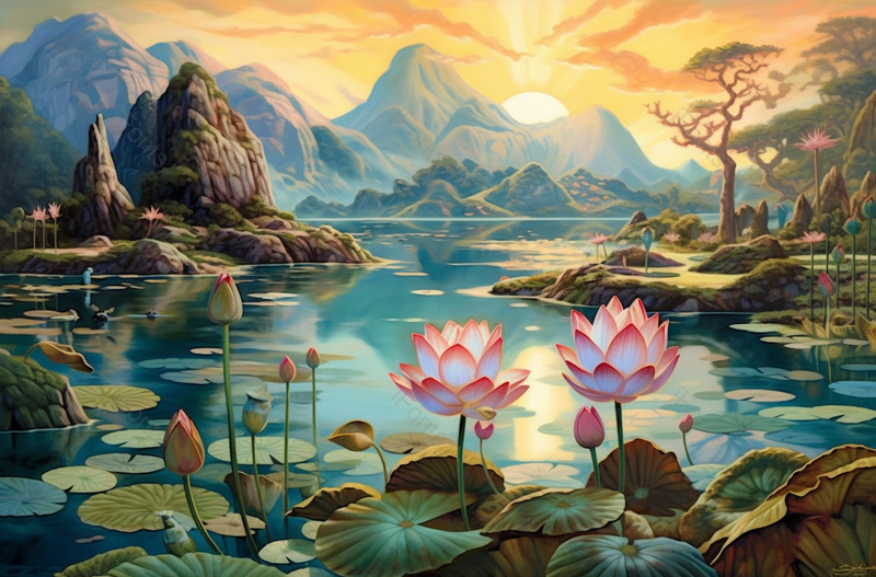 青绿山水远处高山绿色池塘风景画,插画/手绘图,插画/手绘图库,插画/手绘图下载,插画/手绘
